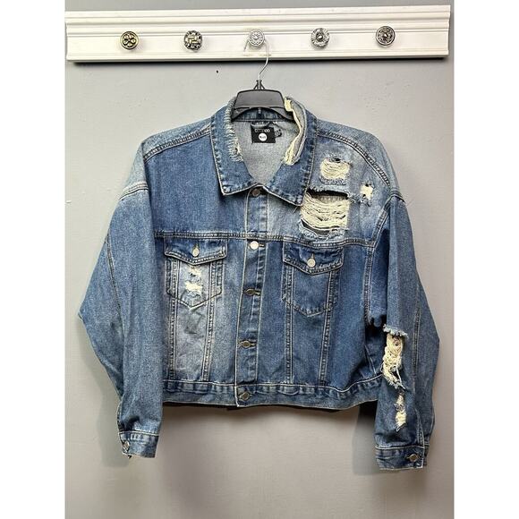 Boohoo Blue Distressed Denim Jacket Womens Size 14 Trucker Jean Pockets - Picture 1 of 9